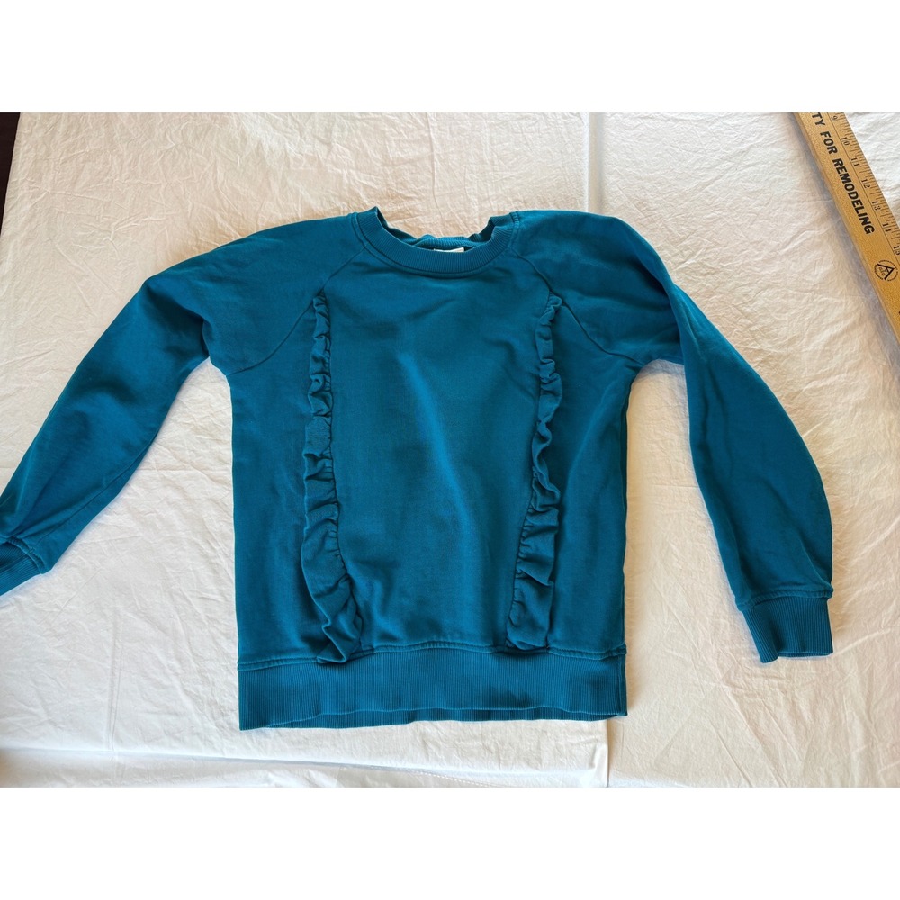 Hanna Andersson Girls 8 Teal Ruffle French Terry Sweatshirt Pullover